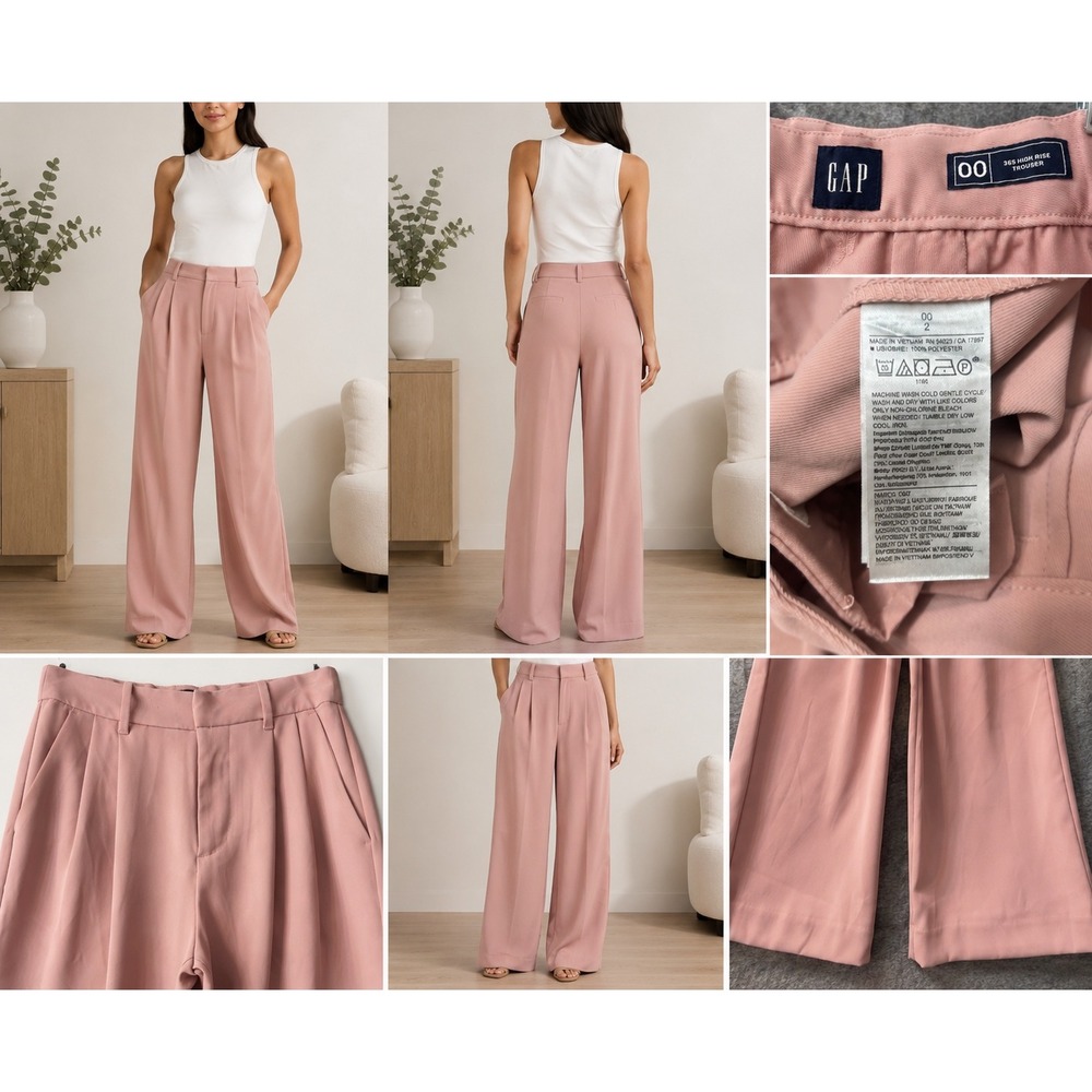 Gap 365 High Rise Trousers Dusty Rose Pink Wide Leg Pleated Dress Pants 00